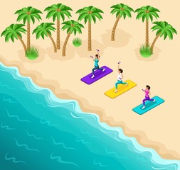 Obraz premium Isometry beautiful girls are engaged in fitness on the beach, in sportswear, gymnastics, sea beach, palm trees