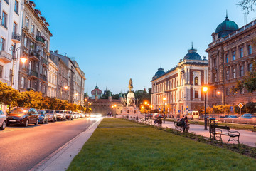 Krolewska street and Matejko square (Kingdom) at dusk, Krakow, Poland