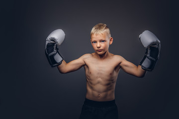 Young shirtless boy boxer with boxing gloves posing in a studio.