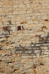 Natural background, ancient wall of the medieval city, the wall of an ancient temple in Prague, stone masonry test with cement, blank for designer