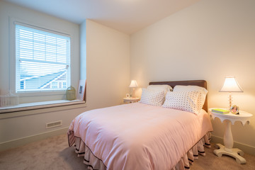 Children's girl's pink bedroom. Interior design.