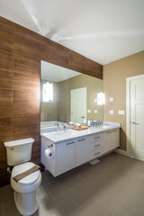 Interior design of a luxury bathroom with a wood wall and a large mirror.	