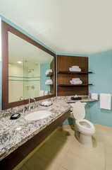 Interior design of a spacious blue and brown bathroom.