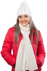 Happy Woman in Winter Clothing with Hands in Pockets - Isolated