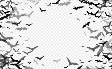 Fotobehang Black silhouette of bats isolated on transparent background. Halloween traditional design element. Vector illustration © vik_y