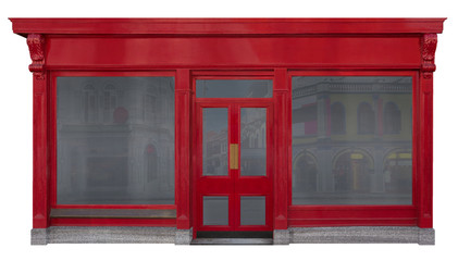 Schaufensterfassade mit roter Vorderansicht in Holz freigestellt auf weißem Hintergrund