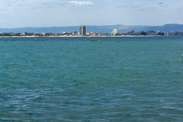 Obraz premium Panorama from coastline of Nessebar to resorts of Sunny Beach, St. Vlas and Elenite, Burgas Region, Bulgaria