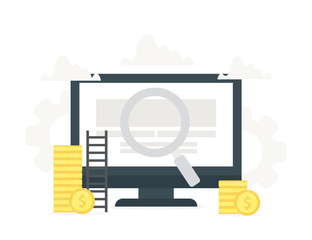 Vector illustration of computer under a magnifying glass on screen. Monitor with coins, concept of internet earnings, job search, online finance, financial success.