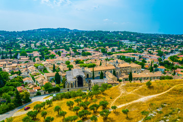 Aerial view of Villeneuve les Avignon dominated by old carthusian monastery Chartreuse, France