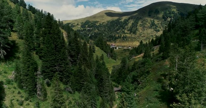 Drone flight in summer over mountain stream in the Nockberge mountains in the Thunder Gorge in Carinthia in innerkrems, lungau, schoenfeld