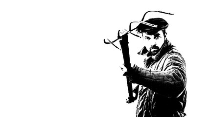 Concept - angry farmer. Bearded man in old-fashioned clothes with pitchfork in hand, illustration with copy space