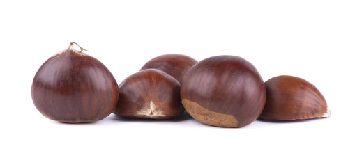 Fresh chestnuts with peeled roasted chestnut isolated on white background. Hippocastanum isolated