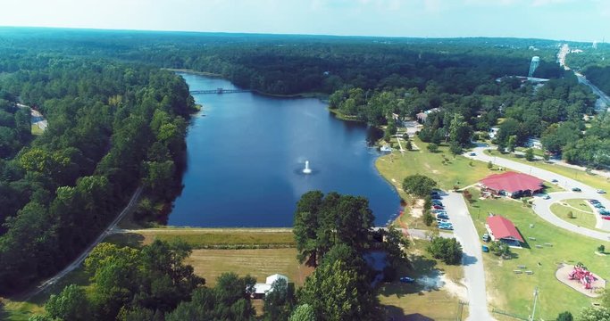 Wide aerial, scenic lake in Southern Pines, North Carolina