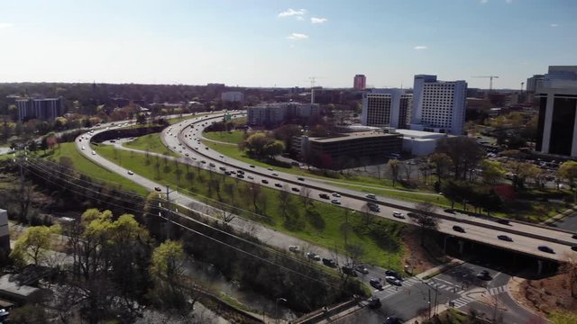 Pan right aerial, scenic Charlotte cityscape