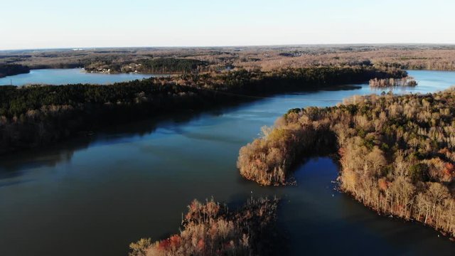 Panning aerial, autumn vegetation by lake