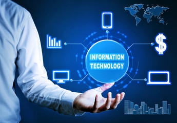 Businessman showing anything on grey background