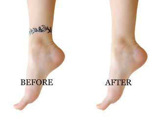 Female foot with tattoo on light background