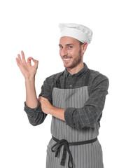 Professional chef wearing uniform on white background