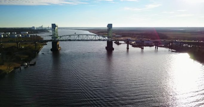 Wide aerial, sunset over Cape Fear Memorial Bridge