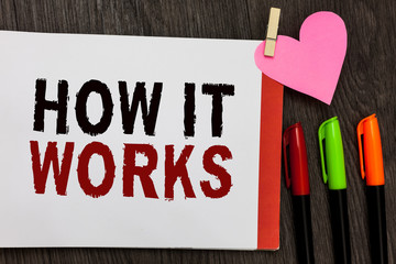 Word writing text How It Works. Business concept for Used to asked about on What Way or manner By What Means Open notebook page markers clothespin holding paper heart wooden background