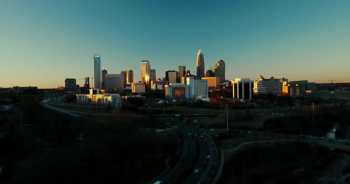 Wide aerial, skyscrapers in Charlotte