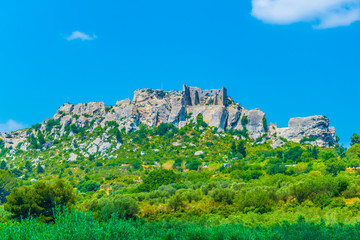 Chateau des Baux perched over Les Baux des Provence village in France