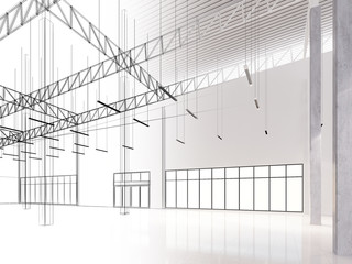 sketch design of interior warehouse, 3d rendering