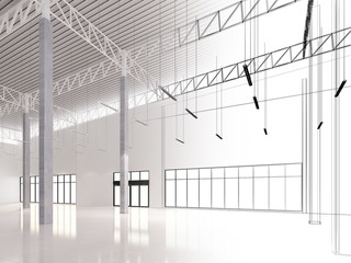 sketch design of interior warehouse, 3d rendering