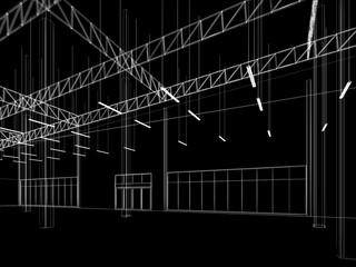 sketch design of interior warehouse, 3d rendering