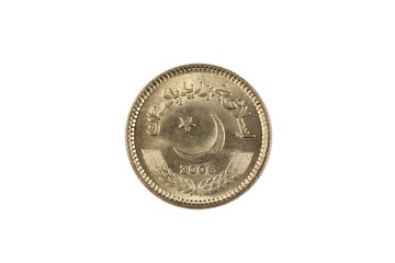 A super macro image of a 2 Pakistani rupee coin isolated on a white background