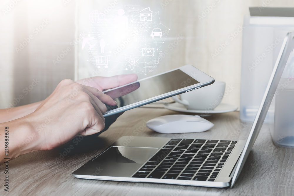 Poster Internet of things concept,Man using tablet with modern technologies business and technology concept