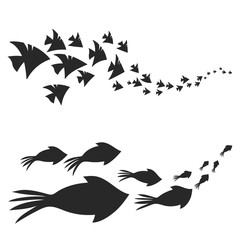 Vector design of swimming calamari and fish in shoals isolated on white background