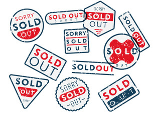 Vector retro shabby stamps in mess saying Sold Out isolated on white background