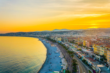 Sunset view of seaside of Nice, France