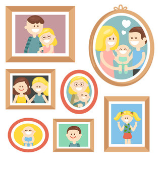 Vector collection of various photos frames with pictures of happy family with kids isolated on white background
