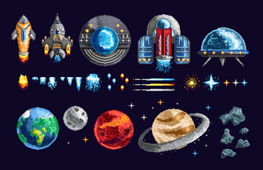 Colorful pixel design of game spacecraft with planets and moving elements on blue background 