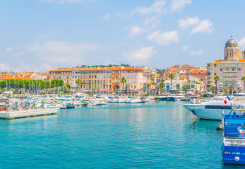 Marina in Saint Raphael dominated by church of our lady of the victory