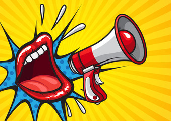 Retro design in pop art style of red lips on yellow background with megaphone screaming news