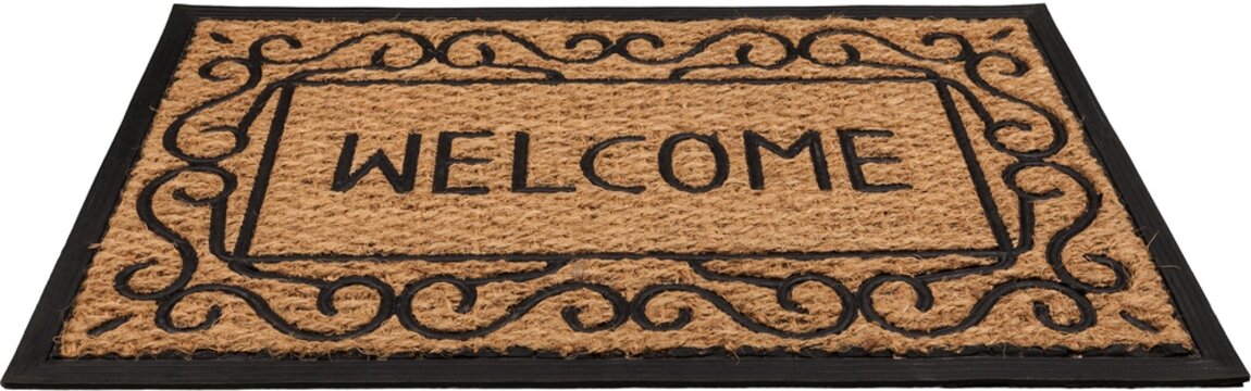New welcome doormat on wooden floor