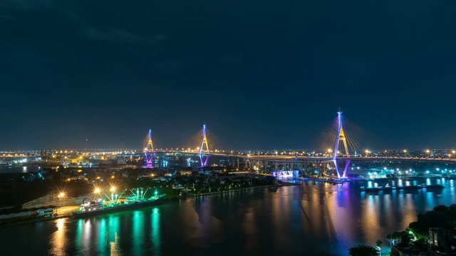 4K Time lapse of the Bhumibol Bridge or Industrial Ring Road Bridge, Traffic on road and Chao Phraya River, Bangkok Thailand. 