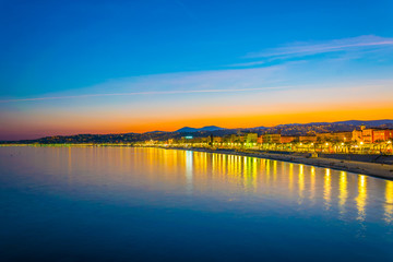Sunset view of seaside of Nice, France