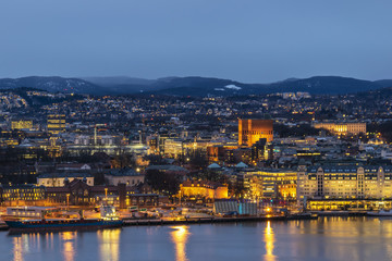 Fototapeta na wymiar Oslo night city skyline at Oslo City Hall and Harbour, Oslo Norway