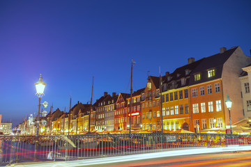 Fototapeta na wymiar Copenhagen night city skyline at Nyhavn harbour, Copenhagen Denmark