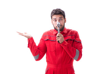 Funny automobile mechanic with wrench isolated on white 