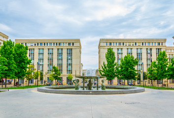Fountain at Place de Thessalie in Montpellier, France