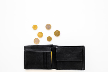 Unemployment concept. Lack of money. Coins fall out of wallet on white background top view copy space