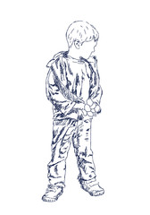 Fototapeta na wymiar A cute little boy stand with flowers. Autumn season. Hand drawn illustration