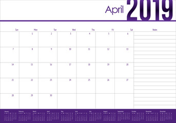 April 2019 desk calendar vector illustration