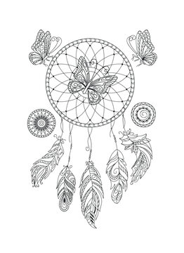 black and white ornamental  dreamcatcher and butterfies for adult coloring