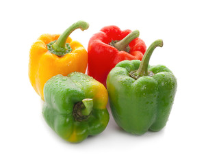 Fresh vegetables Three sweet Red, Yellow, Green Peppers isolated on white background.